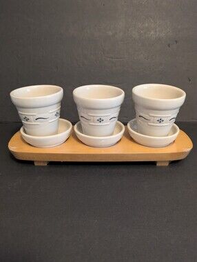 Longaberger Ceramic Trio Planter Set with Blue Accent on Wood Tray NWT